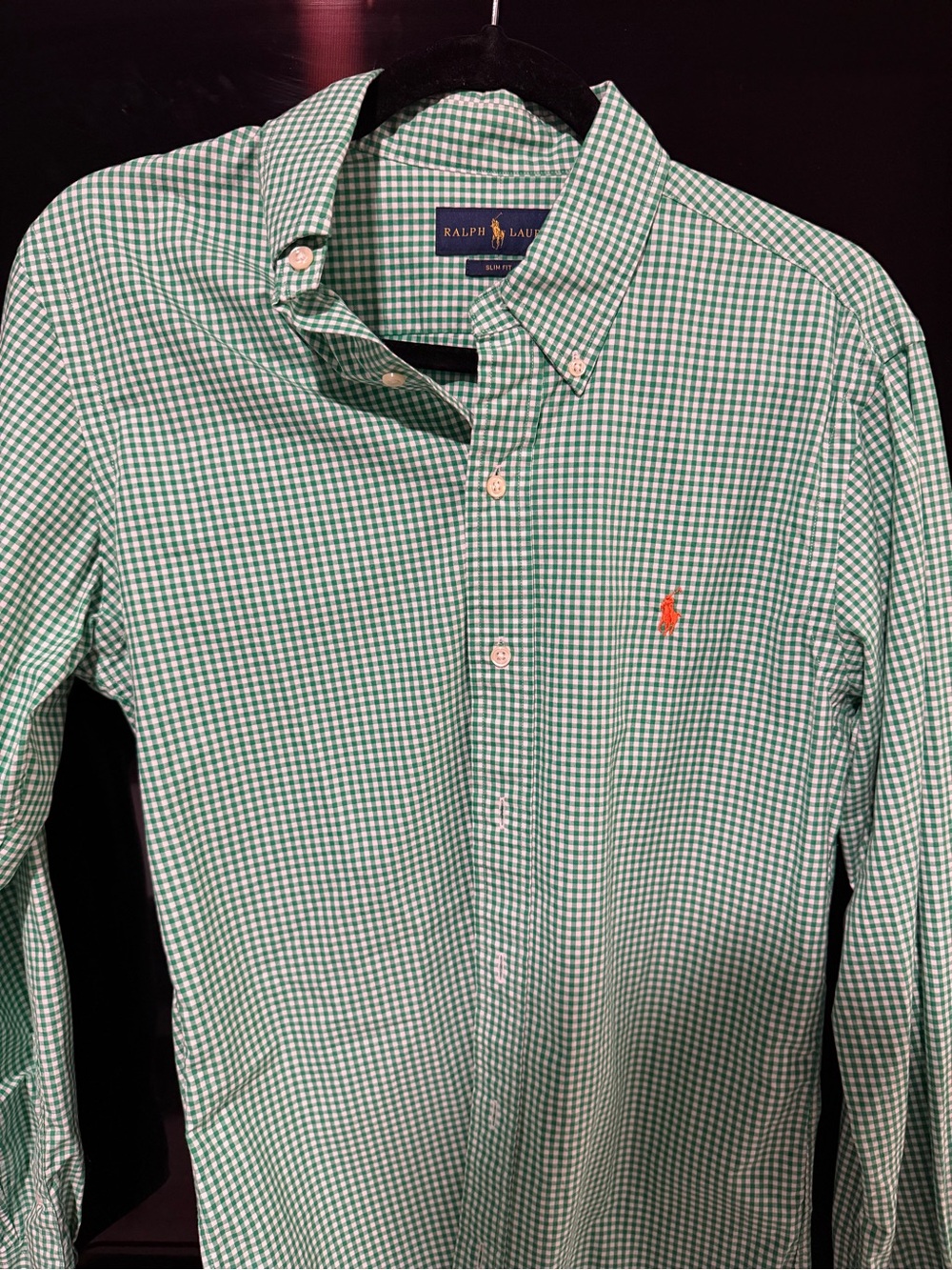 Ralph Lauren Green Gingham Button-Down Shirt with Orange Pony